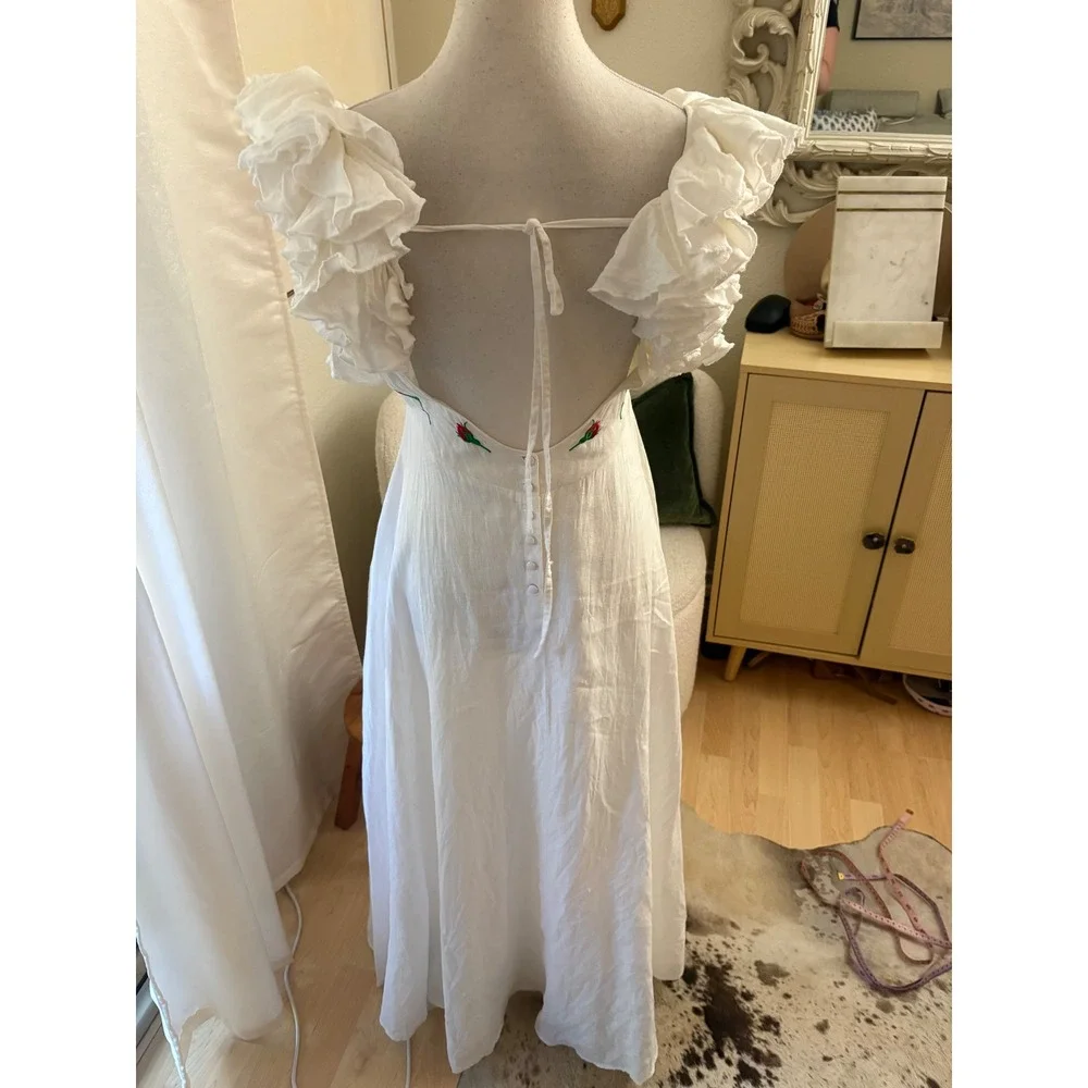 FANM MON‎ White Demre Maxi Dress embroidered roses Size Small